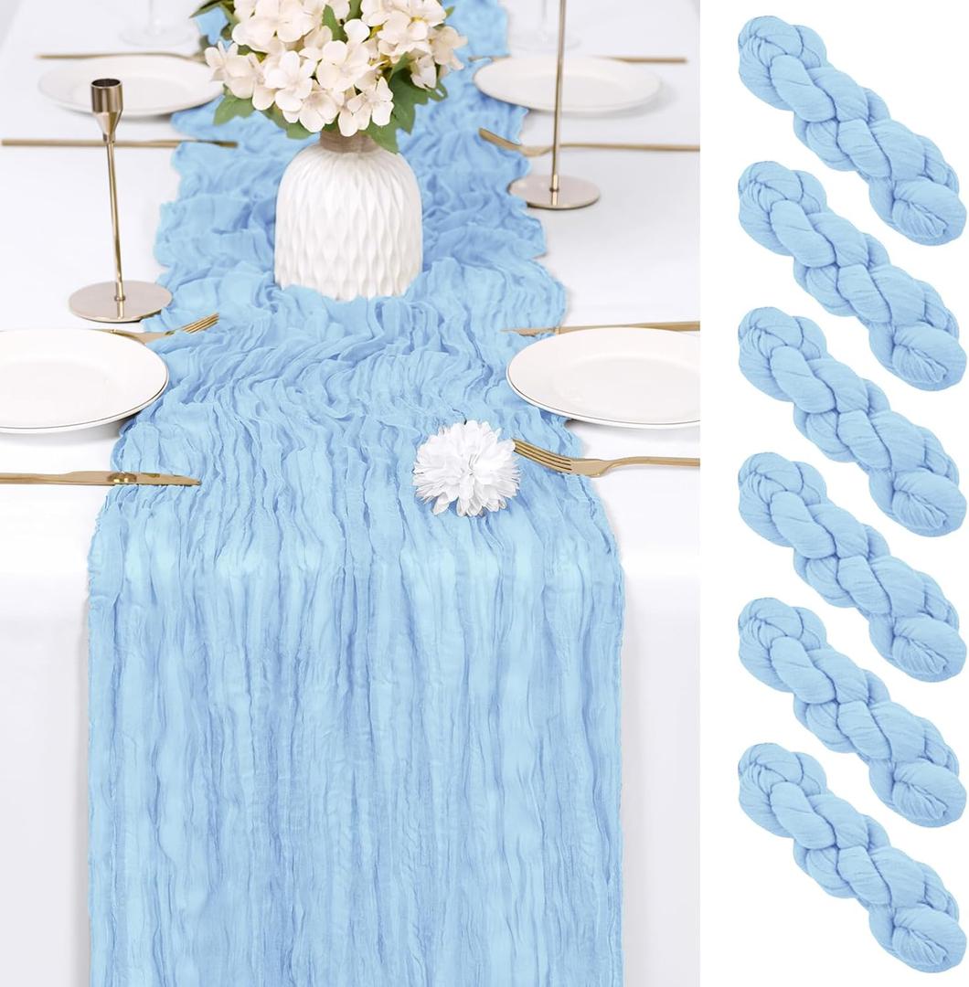 6 Pack Baby Blue Cheesecloth Table Runner 17x108 Inch Semi Sheer Boho Gauze Cheese Cloth Fabric Table Runners Table Decor for Wedding Party Baby Shower Birthday Home Decor Garden Farmhouse