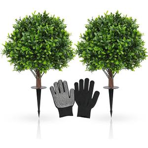 JTING' CHOISIR Set of 2 Artificial Boxwood Topiary Ball Trees with Ground Spike, 26 Inches UV Resistant Fake Plant Bushes Shrubs, for Indoor Outdoor Front Porch Garden (Boxwood)