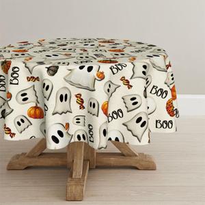 Horaldaily Halloween Tablecloth 9090 Inch Round, Ghost Pumpkin Candy Washable Seasonal Table Cover for Party Picnic Dinner Decor (Beige)