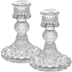 Clear Glass Candlestick Holders Set of 2Taper Candle Holders Fit 0.8 Inch Candles, Crystal Decorative Candle Stand Centerpiece for Table Wedding Dinning Party 4 Inch Tall