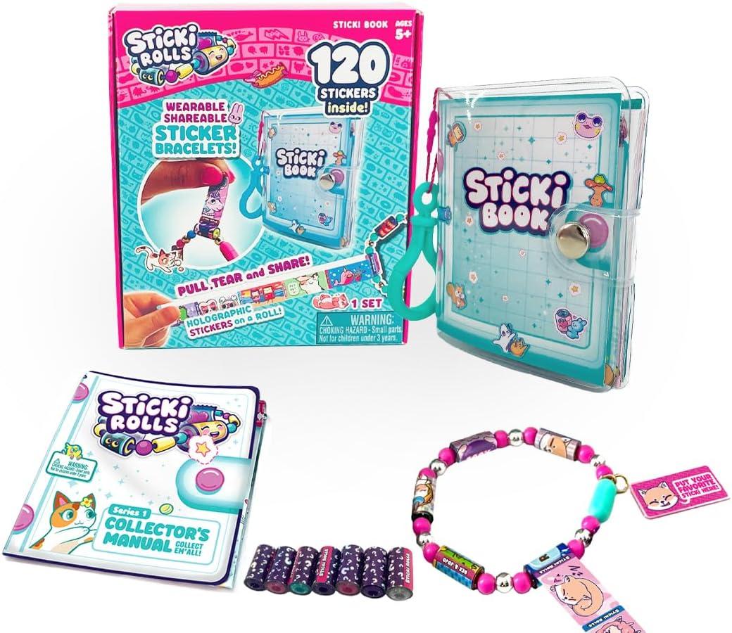 Sky Castle Sticki Rolls Sticki Book, Wearable & Shareable Sticker Bracelet, 120 Mini Stickers, Bracelet and Sticki Book, Assorted Colours and Styles