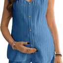 OYOANGLE Women's Maternity 2 Piece Outfits Textured Tie Shoulder Button Tank Top Shorts Summer Lounge Set (Blue) L
