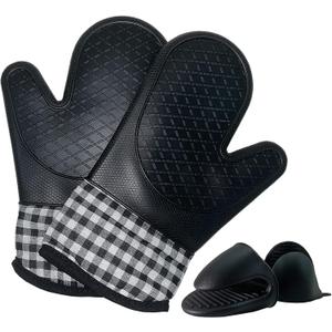 4pcs Set Oven Gloves and Pot Holder Set, Heat-Resistant 500 Degree, with Mini Oven Gloves and Insulation Clips, Non-Slip Food-Grade Long Oven Gloves, for Kitchen Baking