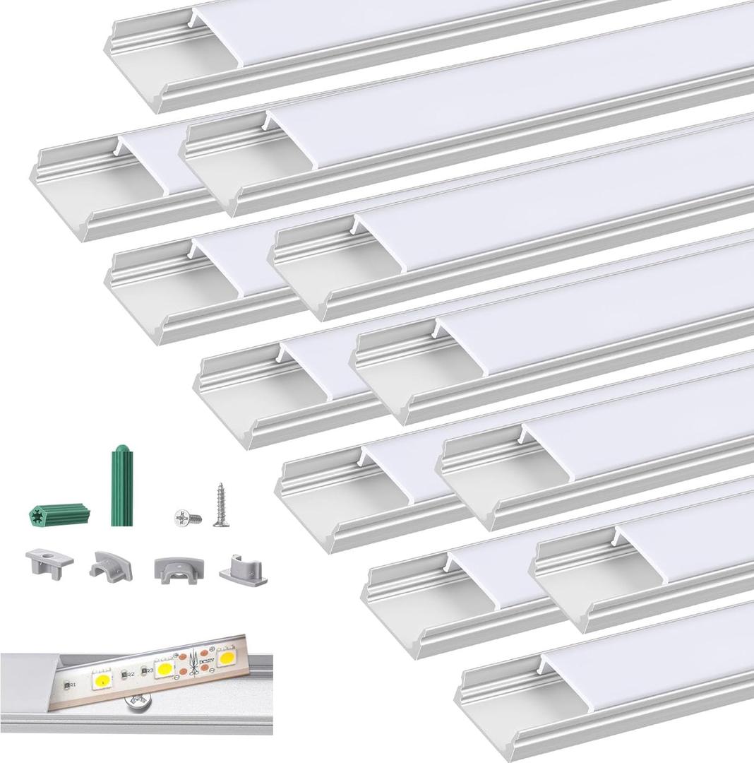 Glooglitter 12 Pack 3.3ft Pre-drilled Countersunk Hole LED Channel Diffuser U Light Strip Aluminum Track with Cover Screw End Cap Easy Cut Tight Flush Mounted Cabinet Tape Light Strip(Milky White), 3.3 ft x 0.49 in x 0.67 in