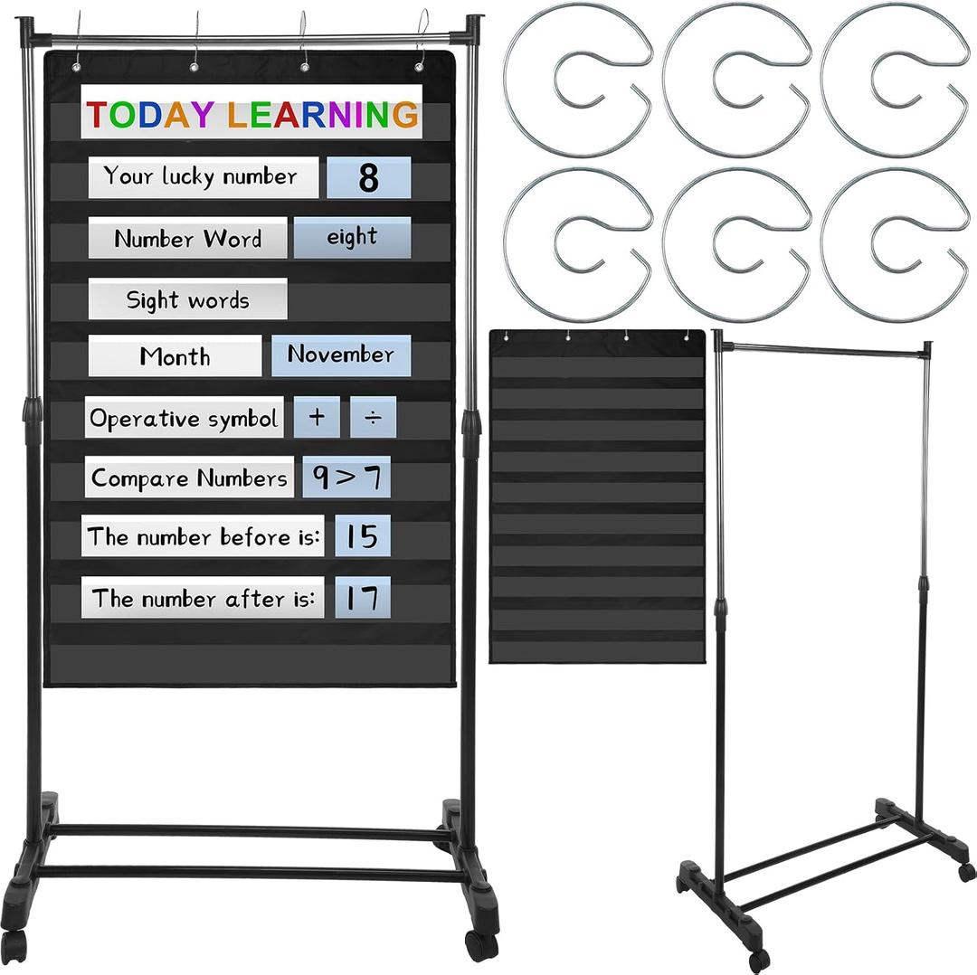 8 Pcs Adjustable Pocket Chart Stand Set Include 1 Standard Pocket Chart 6 Replacement Rings and 1 Adjustable Stand for Classrooms Home Teacher Lessons Educational Tools(Black)