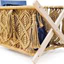 Macrame Magazine Rack - Boho Home Decor Storage Holder - Standing Basket, Standard Large Size, 14.17"×10.2"×10.2 (Latte Tassels)