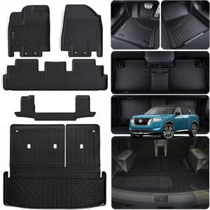 Floor Mats & Trunk Mat for 2022-2024 2025 2026 Nissan Pathfinder 7 Seats (Not Fit 8 Seats) TPE All Weather Protection 2 Rows Car Floor Liners with Cargo Liners Velcro Cover The Backrest