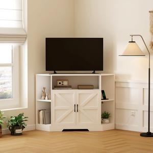 Corner Tv Stand for Tvs Up to 55 Inch with Power Outlet,Entertainment Center with Storage Cabinets and Barn Doors, Mid Century Modern Media Tv Console Table for Living Room Bedroom