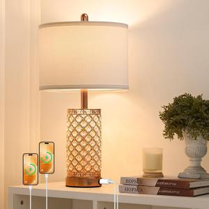 SAIWEYA Crystal Table Lamps 3-Way Dimmable Bedroom Lamp with 2 USB Ports & AC Outlets for Living Room Retro Bedside Nightstand Lamp Night Light (Rose Gold- 1 Pack 24In)