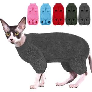 Sphynx Hairless Cat Sweater, Full Body Warm Fleece Sweaters with Sleeves for Cats, Soft Turtleneck Cat Clothes, Cozy Pullover Pajamas for Hairless Cats Devon, Donskoy & Small Dogs, Grey M