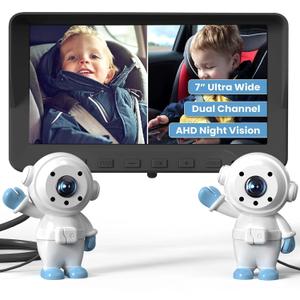 GROWNSY Baby Car Camera for 2 Kids, 7 in Ultrawide AHD Car Baby Monitor with 2 Camera, Backseat Mirror for Baby Rear Facing with Infrared Night Vision, Easily Observe Baby's Every Move (White)