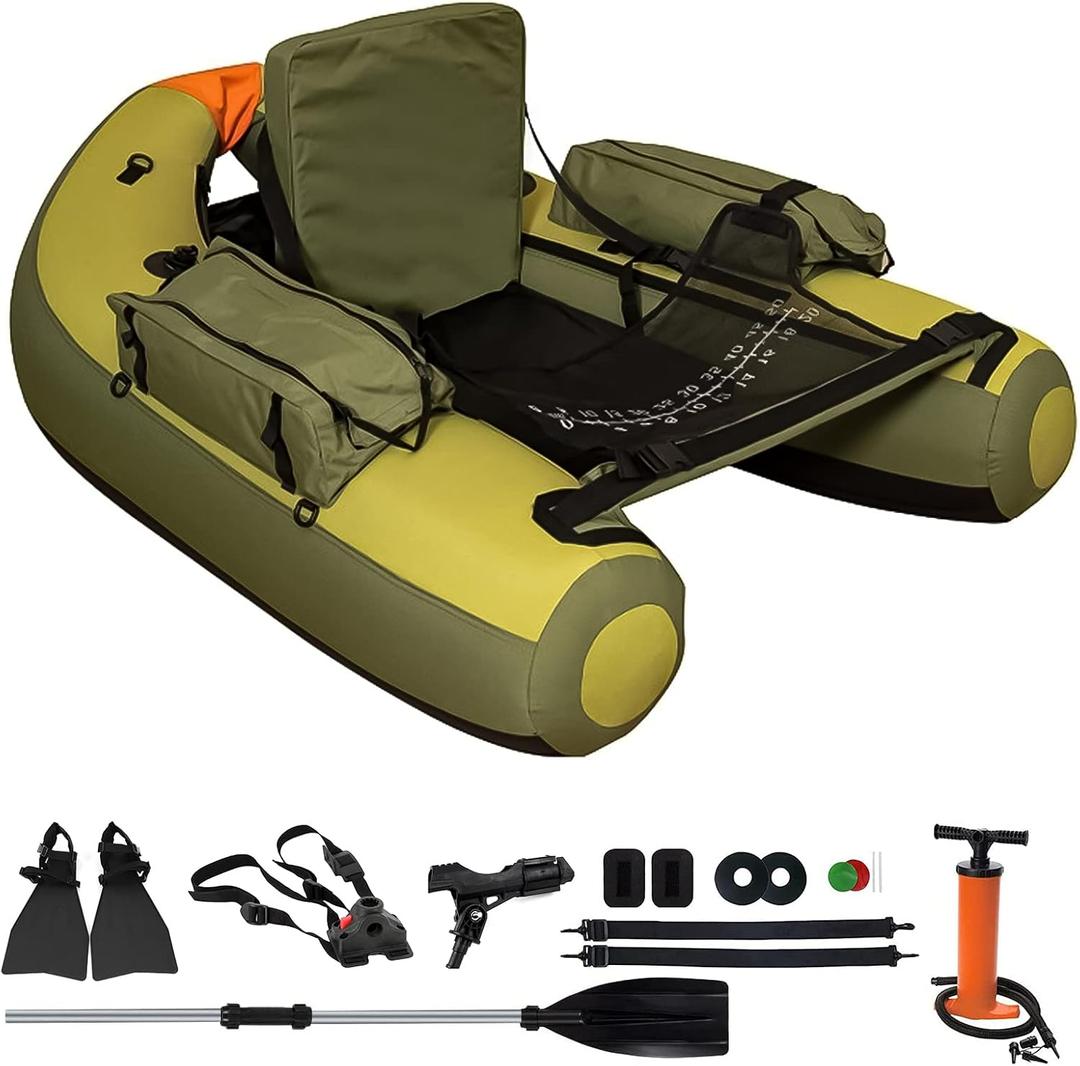 Fishing Float Tube with Adjustable Backpack Straps, Storage Pockets, Fish Ruler, Fly Fishing Boat with Pump, Oar, Rod Holder and, Fins, 27.09 x 20.31 x 10.79"