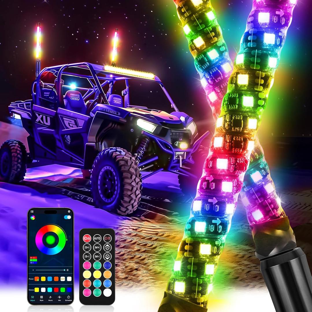 Whip Lights, 2Pcs 1FT RGB LED Whip Lights for Side by Side with Wireless Remote and APP Control, RGB Chasing Lighted Antenna Whips for UTV ATV Truck Polaris Dune Buggy RZR Can-Am