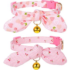 Kifmurase 2 Pcs Cotton Bowtie Cat Collar with Bell, Breakaway Kitten Collar with Love Heart Cherry Pattern with Removeable Bow, Adjustable Pink Girl Cat Collars with Safety Clasp for Kitten Puppy Dogs