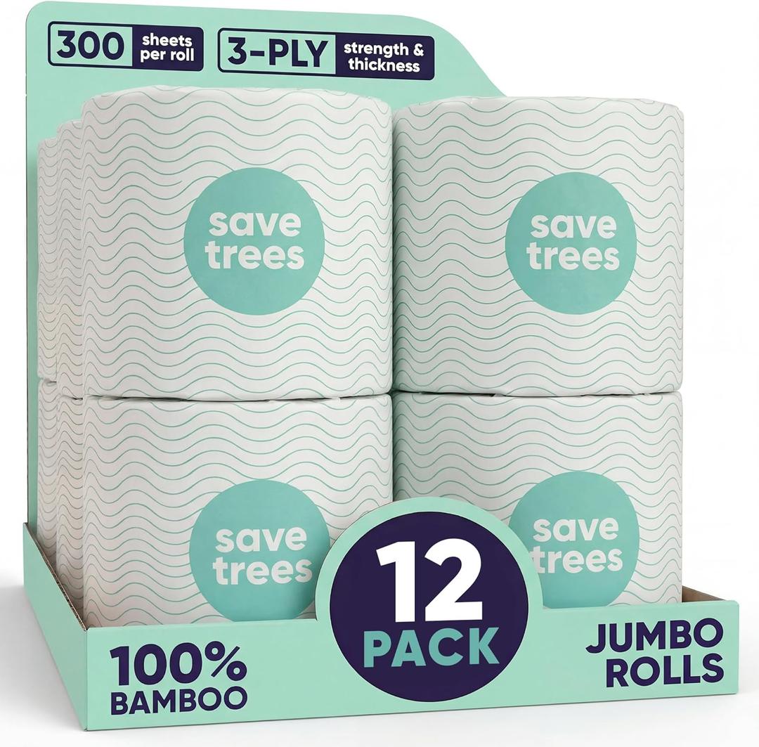 Save Trees Bamboo Toilet Paper - 12 Rolls Of Organic Toilet Paper, 3-ply, 300 Sheets Per Roll - PFAS Free, FSC Certified, Plastic Free, Vegan & Chemical Free Bamboo TP