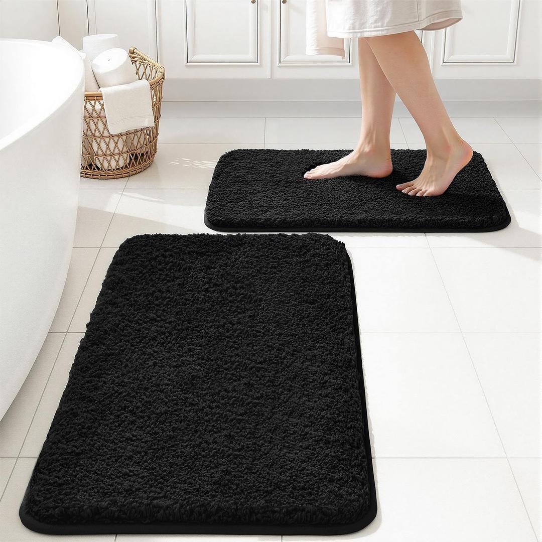 MIULEE Black Bathroom Rugs Set 2 Piece, Small Soft Absorbent Microfiber Bath Mat Set, Non Slip Quick Dry Machine Washable Plush Shaggy Bath Rugs for Bathroom Floor, Tub and Shower, 16x24 inches