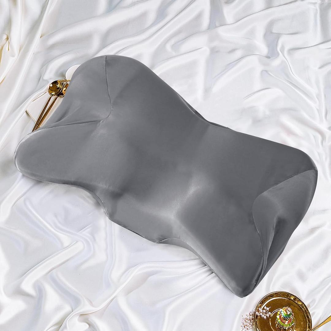 Eychei Satin Pillowcase for Cervical Pillow, Dark Grey Silky Cervical Pillow Case Contour Pillow Case Cover with Zipper, Smooth Ergonomic Pillowcase for Neck Pillow Cover