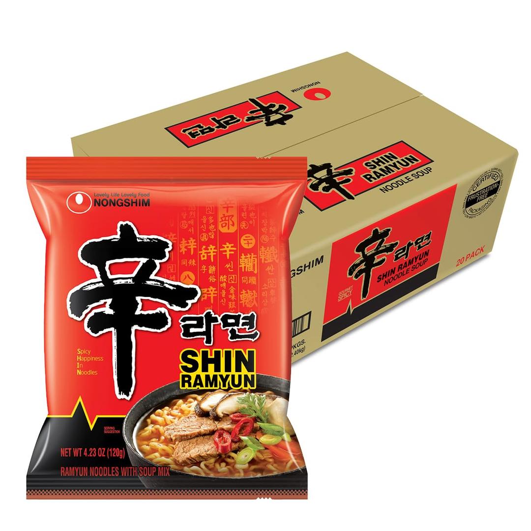 Nongshim Shin Ramyun Noodles, Spicy Korean Signature Instant Ramyun, Rich Beef Flavored Broth, Microwaveable, Korean Instant Noodles, 4.23 oz (Pack of 20), Packaging May Vary.