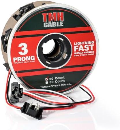 TMH Continuous 3 Prong Right Angle Plug 20 Count 10-inch Lead Spacing Wire Harness Roll 18 Gauge Male Bullet for Tail Light, Truck, Trailer