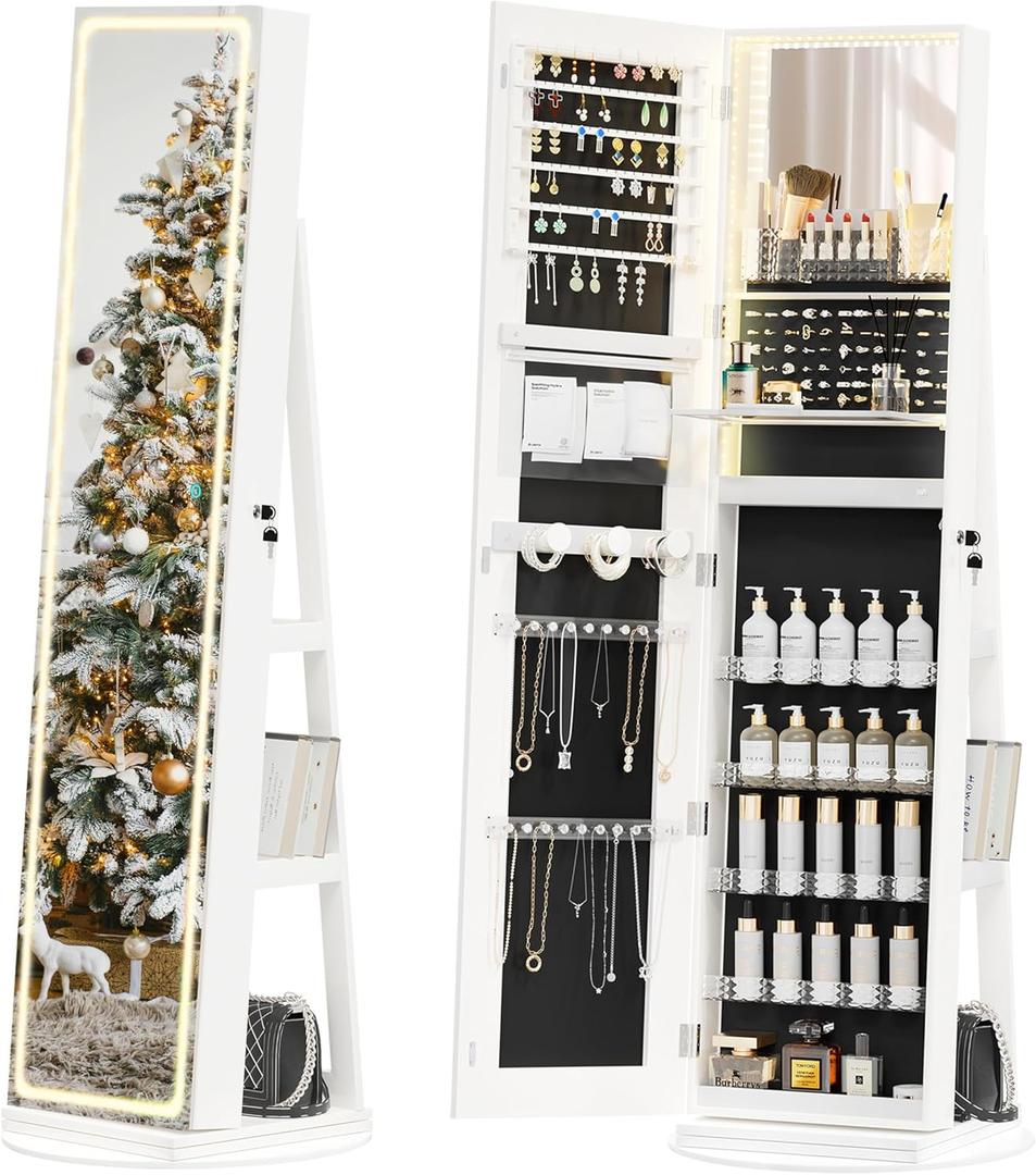 Jewelry Cabinet Standing, Lockable Armoire With Adjustable Lights and Full-Length Mirror, Space-Saving Organizer, 360°Swivel White