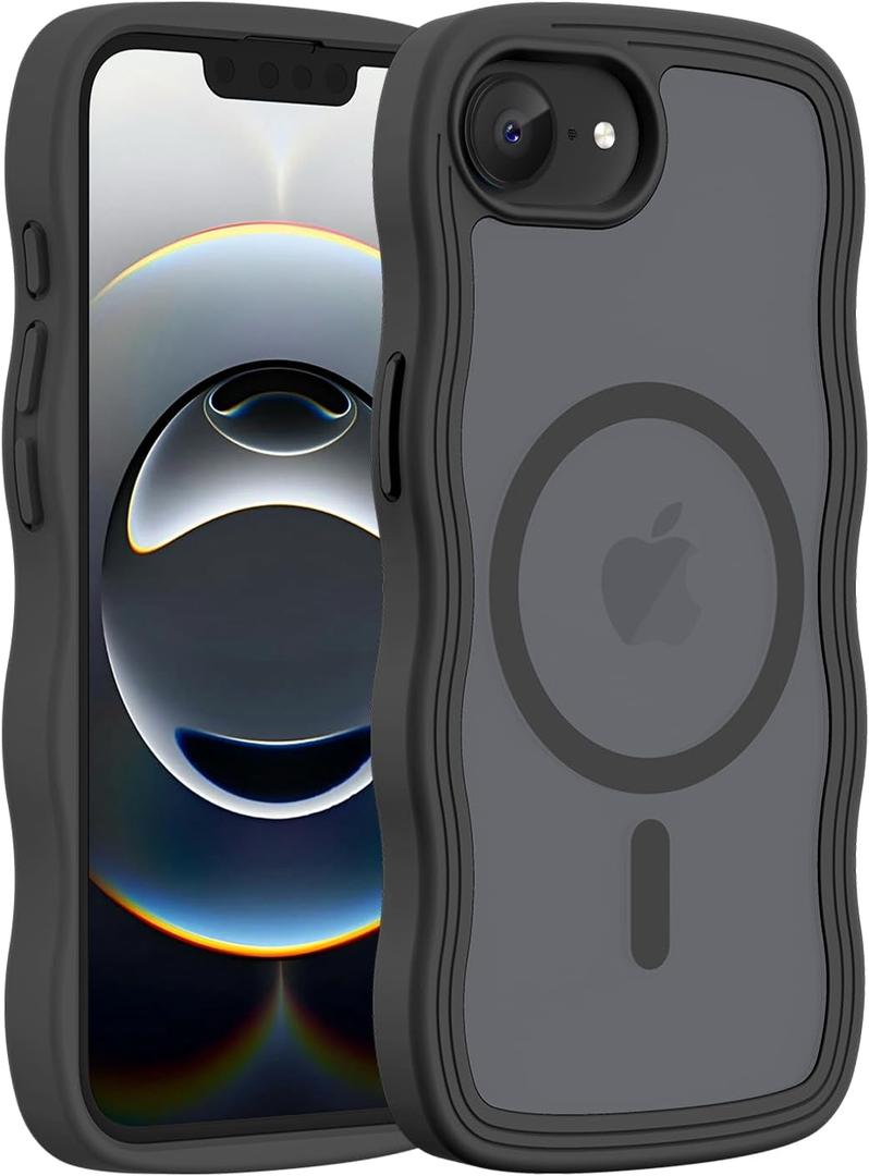 Hualele for iPhone 16e Case Cute for Women, Compatible with MagSafe, Military Grade Dropproof Translucent Matte Back Curly Wave Edge Slim Girly Phone Case 16e Case, Black