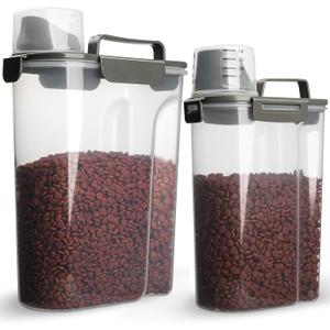 Dog Food Storage Container, 5-7 Lbs Airtight Pet Food Container, Cat Food Container Dispenser with Portable Handle, Pouring Spout and 4 Seal Buckles for Dogs Cats 2 Pack Grey (Grey 6Qt+3QT)