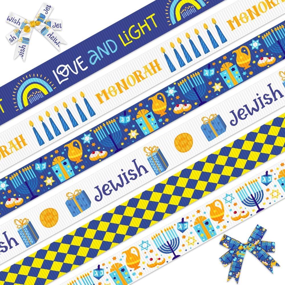 ALIBBON 6 Rolls 30 Yards 3/8" Hanukkah Ribbon Chanukah Grosgrain Ribbons for DIY Crafts Hanukkah Decor, Menorah Ribbons White Blue Ribbons for Jewish Gift Wrapping Bows Crafting Supplies (Style2)