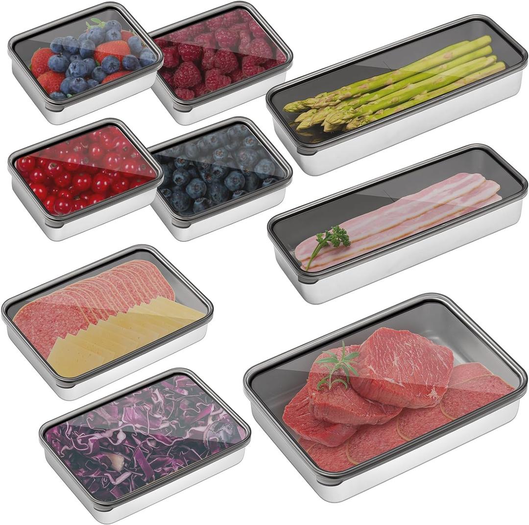 Hushee 9 Pack Bacon Cheese Container for Refrigerator, Stainless Steel Airtight Deli Meat Container, Dishwasher Safe Fridge Storage Fruit Lunch Storage with Lids for Fridge, 4 Sizes