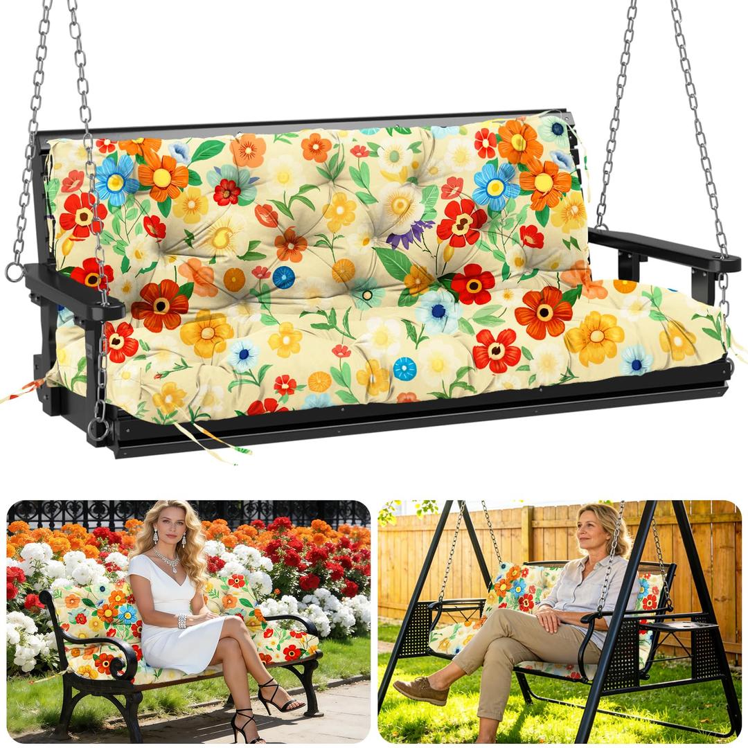 Porch Swing Cushions Outdoor 70 inch x 40 Waterproof Swing Cushions 3 Seater Replacement with Backrest & 8 Ties 5" Thick Bench Swing Cushions for Outdoor Furniture Patio(Yellow Flowers)