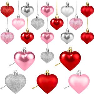 Valentines Heart Shaped Ornaments 20 Pcs, Red Pink Silver Glitter Hanging Decorations for Christmas Tree Home Window Indoor, Valentine Romantic Heart Shaped Decor Gifts for Wedding Anniversary Party