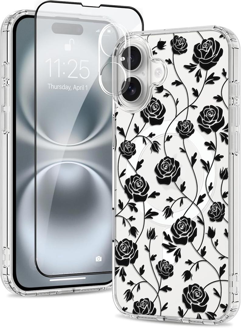 Magnetic for iPhone 16 Case [Compatible with MagSafe][with Screen + Camera Protector] Clear Rose Floral Flower Pattern Design, Slim Shockproof Phone Cover for Women Girls