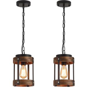 2 Pack Rustic Farmhouse Wood Pendant Light Fixture One-Light Adjustable Chain Oak Wood and Metal Drum Cage Small Pendant Lighting for Kitchen Island Sink Hallway Farmhouse Bathroom Bar, Black