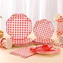 175 Pcs Red Gingham Plates and Napkins Party Supplies - Red and White Checkered Plates Sets Serve 25 Guests - Scalloped Gingham Paper Plate for Birthday Picnic Mother's Day Party Decorations