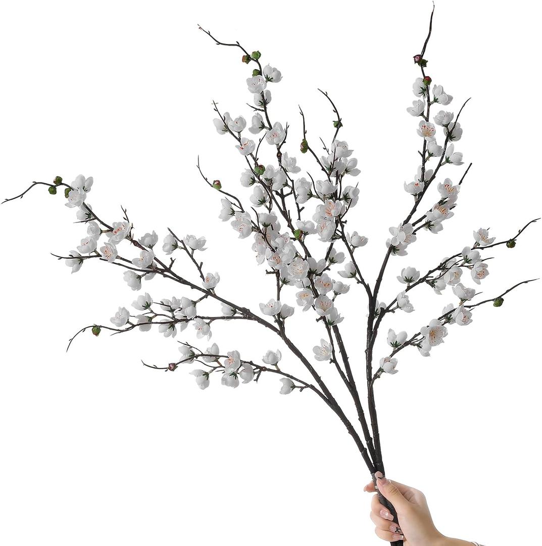 Apeair Artificial White Cherry Blossom Branches 3Pcs 37.8" Faux Silk Cherry Blossom, Fake Flowers with Leaves Bouquet Decorations for Home Living Room Bedroom Table Centerpiece Vase Wedding Decor