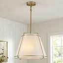 Modern Pendant Light Fixtures with White Tapered Fabric Shade, 16" Drum Pendant Hanging Light, 3-Light Gold Chandeliers for Kitchen Island, Dining Room, Entryway, Foyer, Bedroom