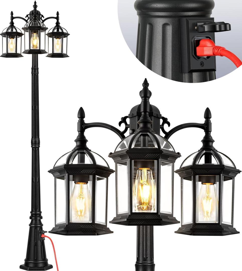 VIANIS 82.9" H Dusk to Dawn Lamp Posts Outdoor Lighting with Outlet, Black 3-Head Outside Post Lights, Waterproof Anti-Rust Street Light Fixtures for Garden Yard Porch(Hardwired 120VAC)
