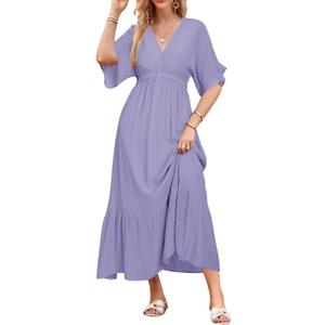 STYLEWORD Women's 2026 Summer Maternity Dress Short Sleeve V Neck Tiered Boho Flowy Long Maxi Dress (Large, A-light Purple)