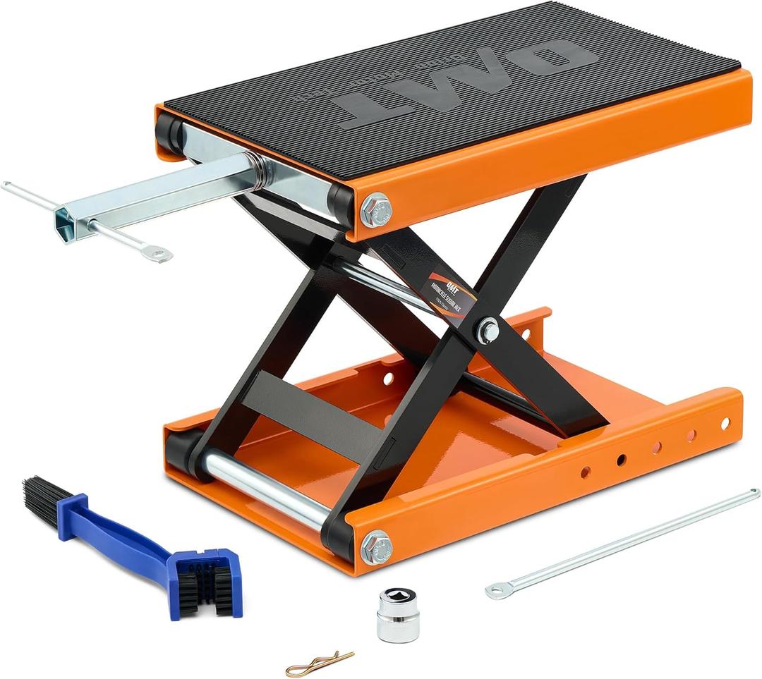 Orion Motor Tech Motorcycle Lift, 1100lb Scissor Lift Jack with Wide Deck T Handle 3/8" Socket, Motorcycle Center Stand with Chain Brush, Crank Hoist Stand for ATV Dirt Bike Cruiser, Orange