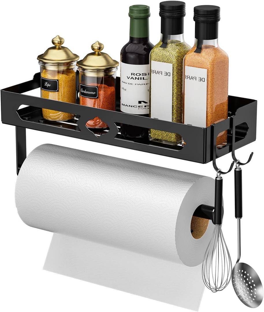 Paper Towel Holder with Shelf for Bathroom, Kitchen Paper Holder Spice Rack Paper Towel Roll Holder Wall Mounted Paper Towel Holder with 2 Hooks(2 Installation Methods - Self-Adhesive and Drilling) (Black)
