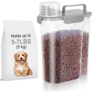 LEAWALK 5-7Lbs Dog Cat Food Storage Container with Upgraded Large Nozzle BPA-free, 4 Snap Seals Plastic Pet Food Storage Containers with Handles (Light Gray, 5L-1pack)