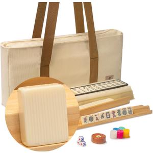 Yellow Mountain Imports American Mahjong Set, "Ivory Stripes - 166 Tiles with Beige Soft Case, Wooden Racks with Pushers, Scoring Coins, Dice, & Wind Indicator
