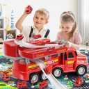 2 in 1 Fire Trucks for Toddlers 3-5, Carrier Vehicles Toy with 8 Cars, Transport Race Tracks with Light and Sound, Educational Birthday Gifts for Kids Boys Girls Ages 3 4 5 6