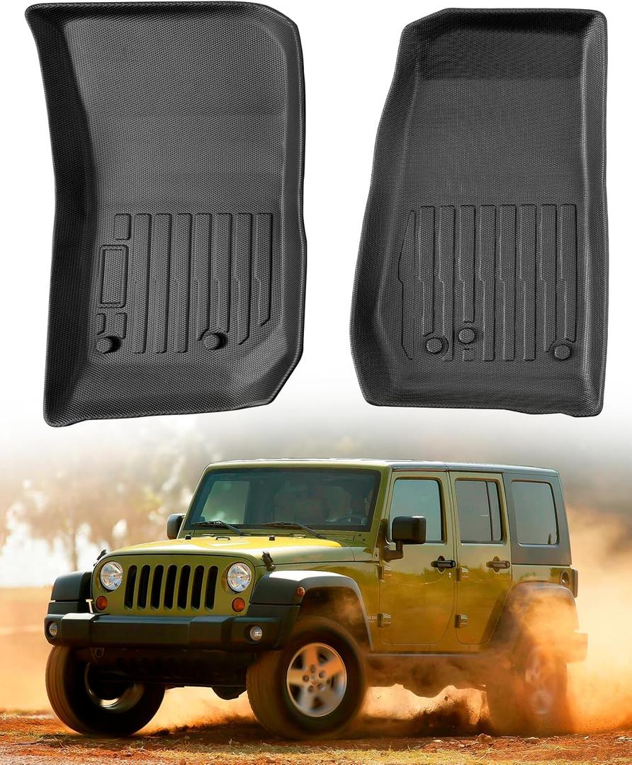 Car Floor Mats for Jeep Wrangler: 2007-2018 JK 2-Door & JKU 4-Door, All Weather Rubber Car Accessories Front Row Liners, for Wrangler 2007 2008 2009 2010 2011 2012 2013 2014 2015 2016 2017 2018 Black