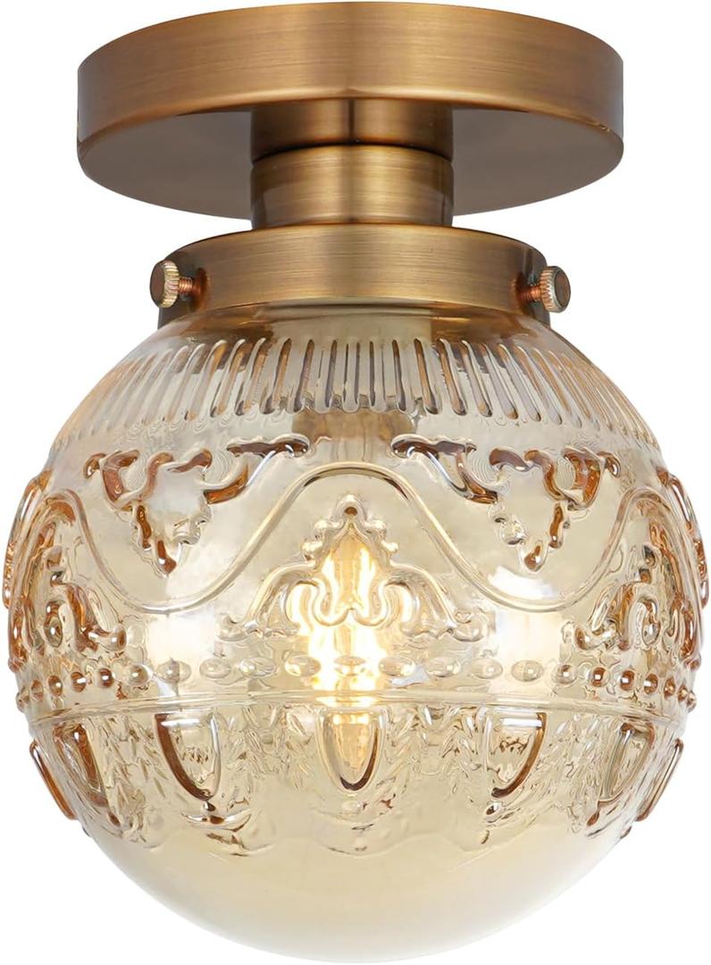 Semi Flush Mount Ceiling Light, Gold Vintage Kitchen Ceiling Lighting Fixture, Amber Globe Glass Close to Ceiling Light, Modern Hallway Lighting for Bathroom Bedroom Corridor Entryway