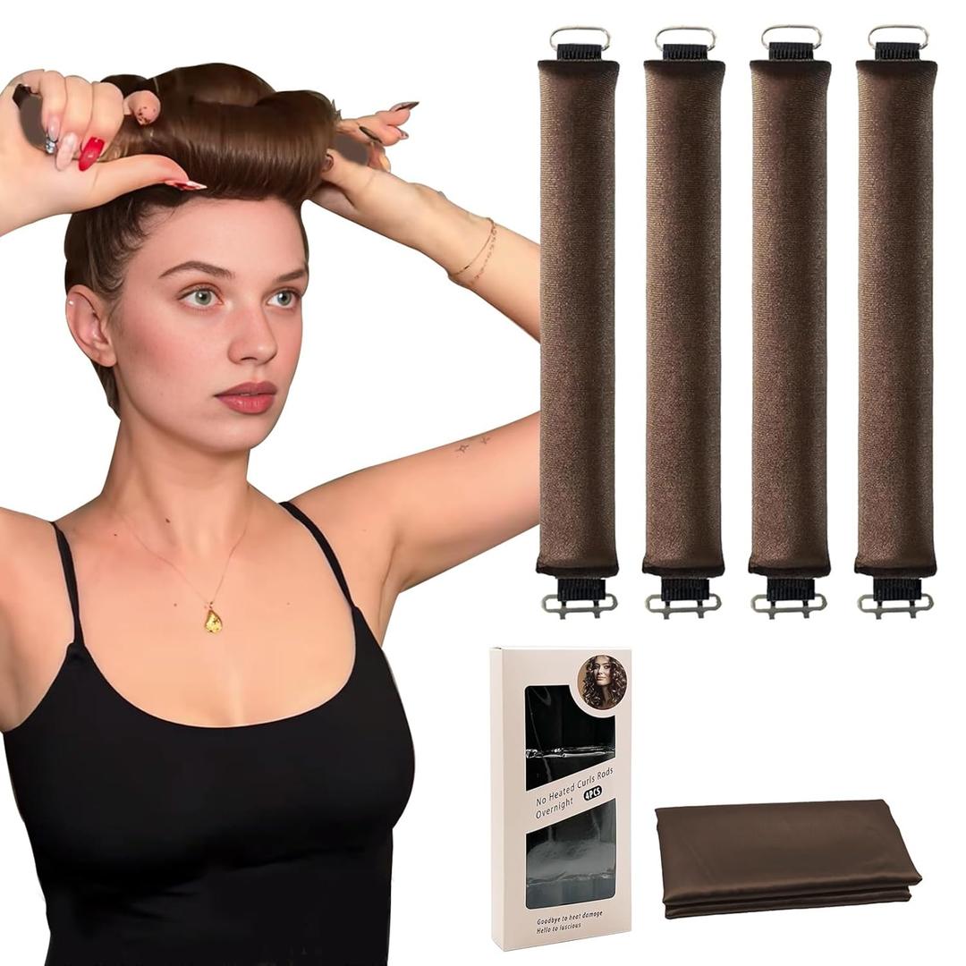 Heatless Curls Overnight, 4 Pcs Heatless Hair Curlers to Sleep in Soft Overnight Blowout Rods No Heat Hair Rollers Curling Rods for Women Blowout Look Long Hair , Brown
