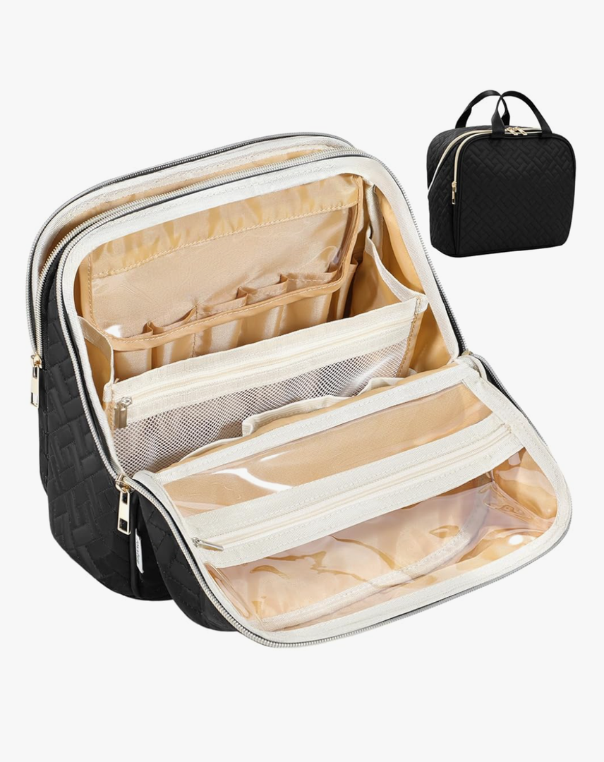 Makeup Bag, Large Capacity with Room for Brushes and Mirror, Travel Makeup Organizer, Portable Standing Make Up Case, Waterproof Cosmetic Toiletry Bags with Handle, Color Black
