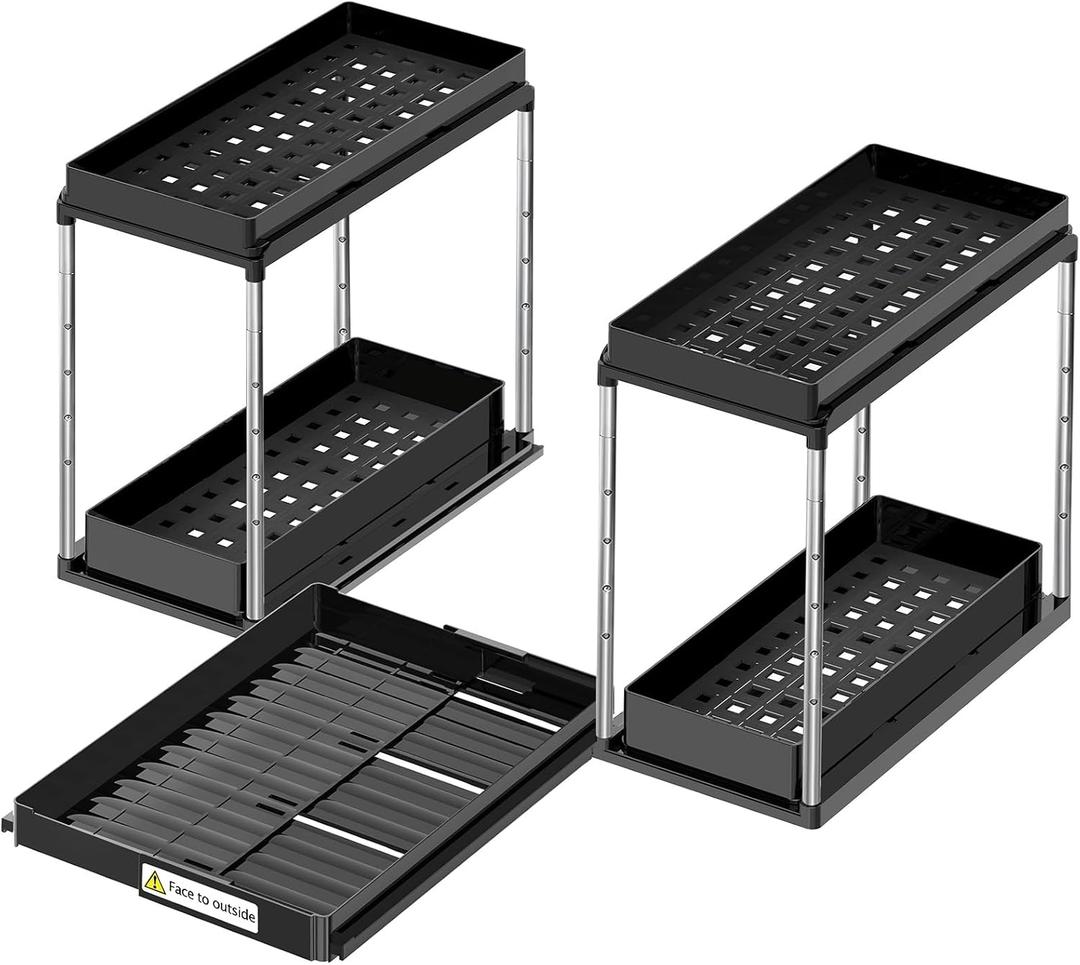 NIUXX Expandable Under Sink Organizer: 2 Tier Height Adjustable
Under Cabinet Organizer - Double Pull Out Shelf Under Sink Storage for Kitchen - Bathroom and Laundry Room - Space Saving