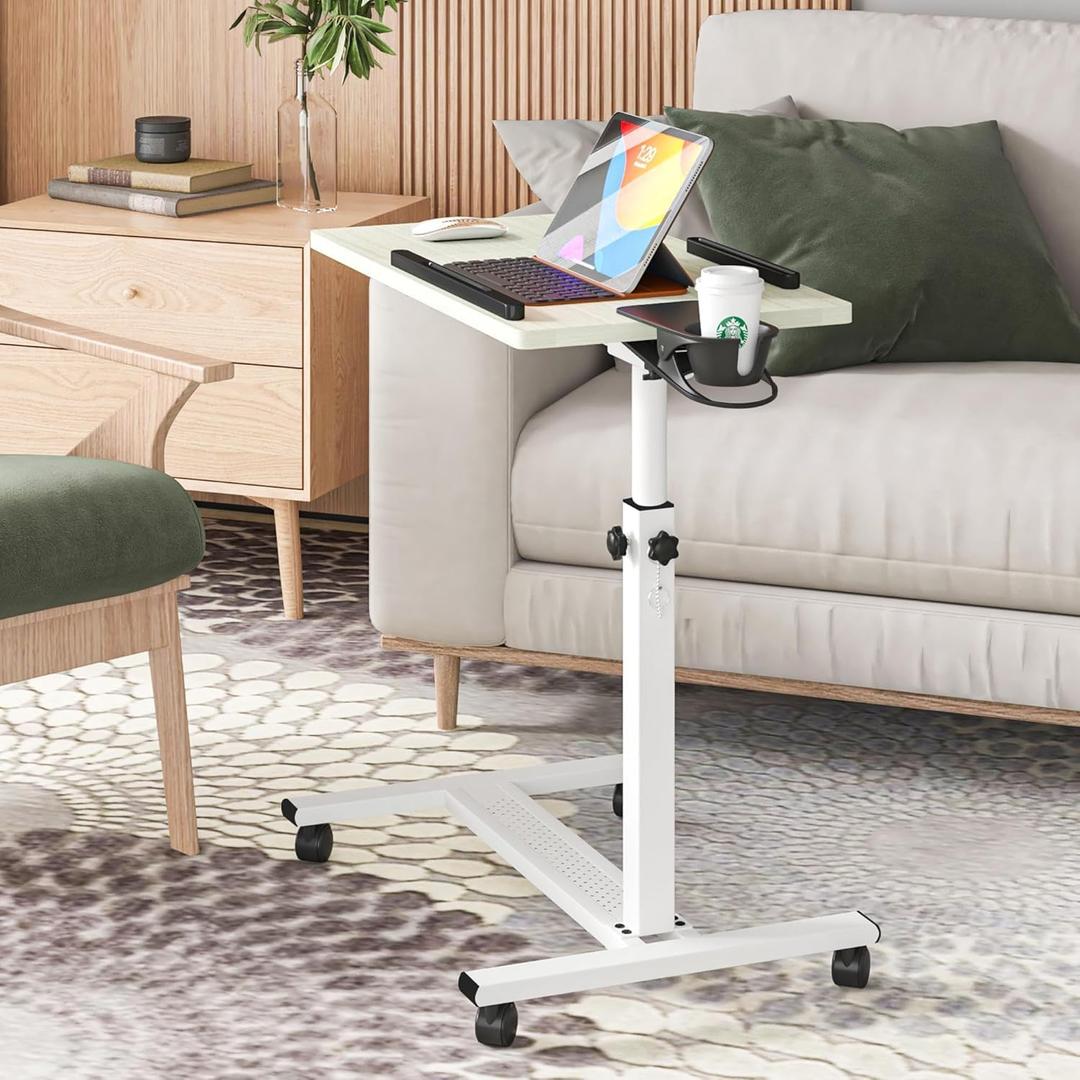 Panta Height Adjustable Rolling Laptop Stand, Overbed Table with 2 Tilting Desktops, Mobile Laptop Table for Couch with Cup Holder, Mobile Computer Workstation for Office, Home and Hospital,Maple