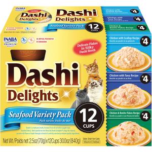 INABA Dashi Delights for Cats, Shredded Chicken with Bonito Flake Broth, 2.5 Ounce Cup, 12 Cups Total, Seafood Variety EXP. 03/07/2026