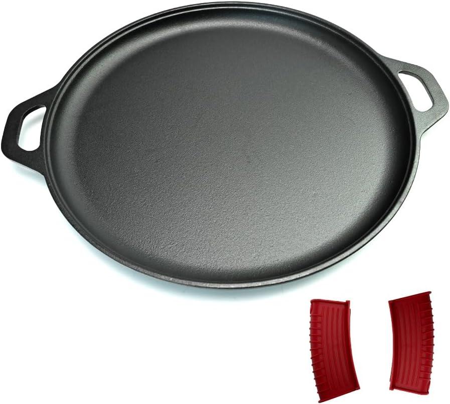 16 Inch Cast Iron Pizza Pan Round Griddle Pre-Seasoned Comal with Free Silicone Handles, Kitchen Essentials for Pizza Lovers, Baking, Grill, BBQ